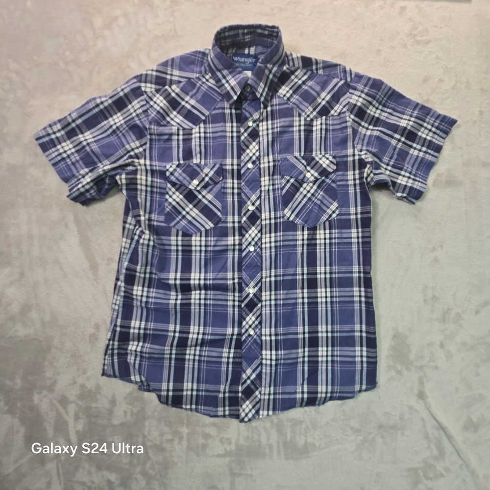 Wrangler Western Shirts Mens Medium Blue White Plaid Short Sleeve Button Up